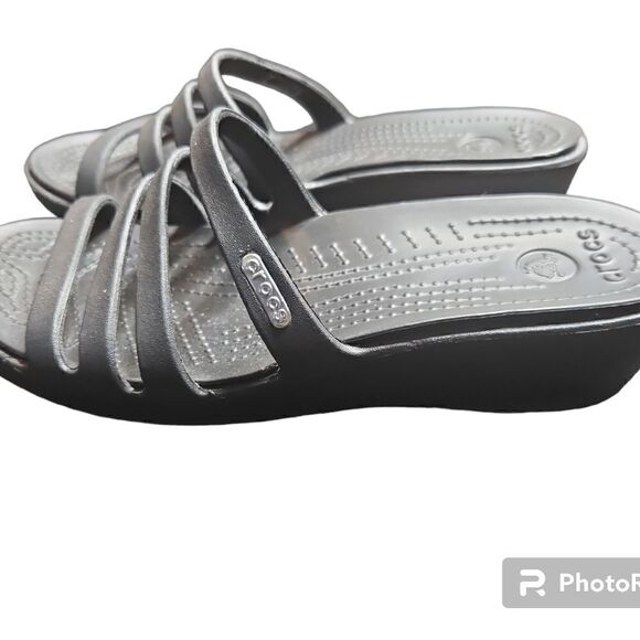 CROCS RHONDA Size 6 Black Strappy Wedge Slip On Sandals; Preloved - Picture 2 of 4